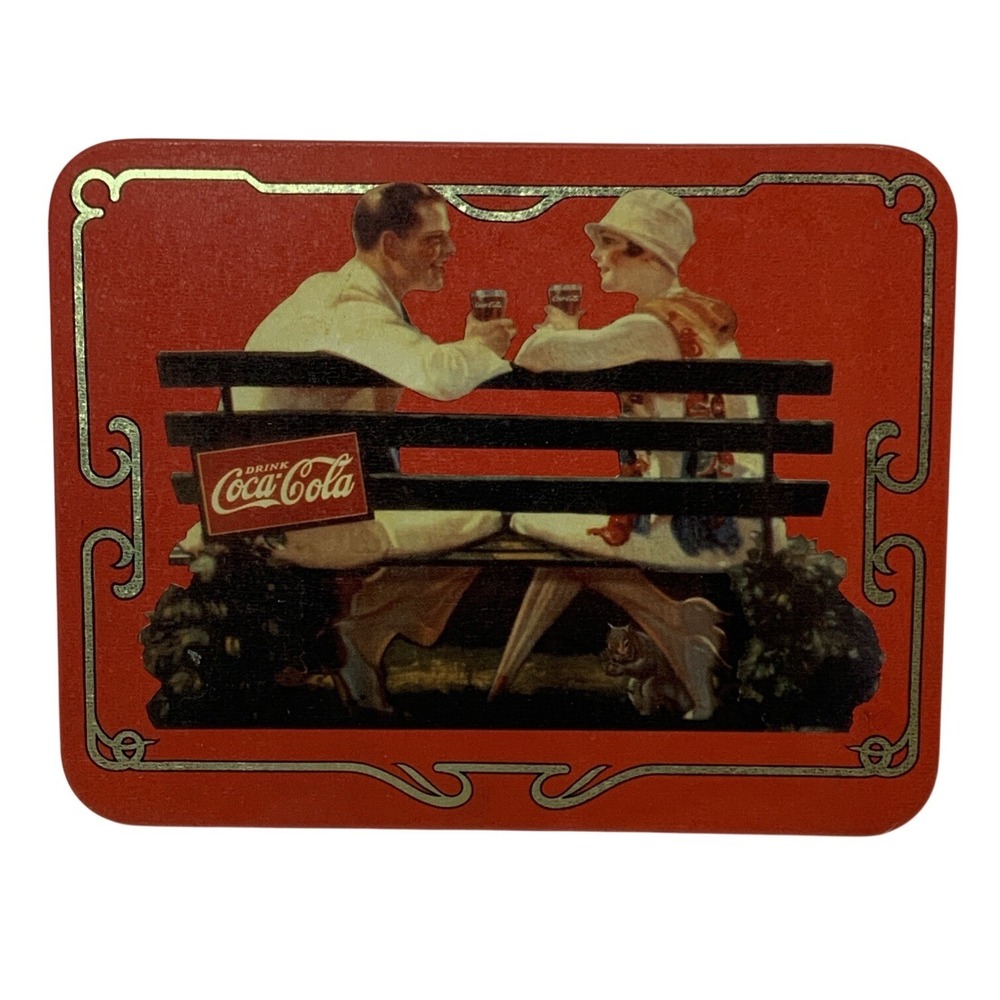 Vintage Coca‎ Cola Couple on Bench Metal Sign Red 10.5x8in